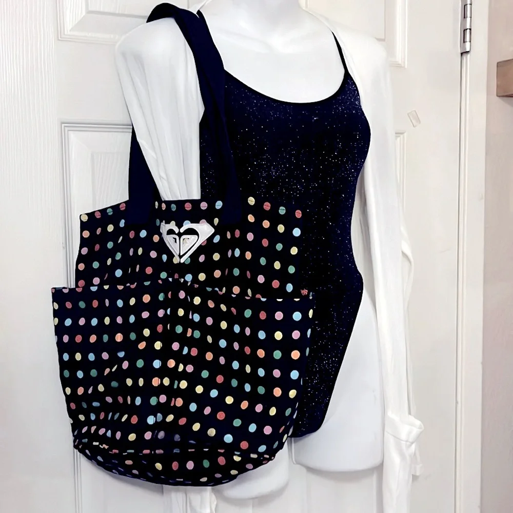 Roxy Black Multi Color Polka Dot Canvas Grocery Tote Book Laptop Beach Pool Bag